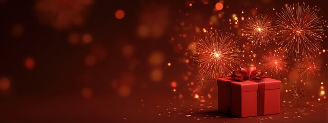Diwali banner. Background design of realistic red gift box, 3d render fireworks and fire cracker, Horizontal diwali poster, headers for website. High quality