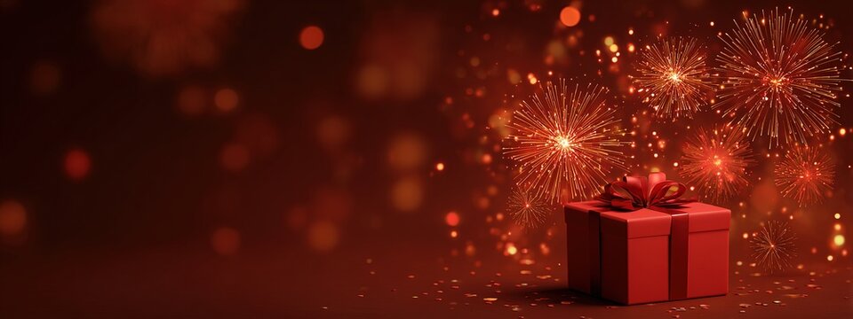 Diwali banner. Background design of realistic red gift box, 3d render fireworks and fire cracker, Horizontal diwali poster, headers for website. High quality