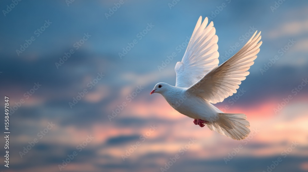 Poster dove soaring gracefully through a vibrant gradient sky at dusk