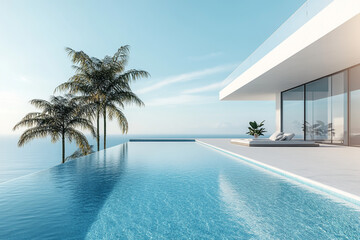 Fototapeta premium Modern infinity pool with palm trees and ocean view