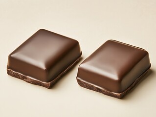 Obraz premium Two decadent chocolate pieces with smooth, glossy tops and textured bases, side by side on a beige surface.