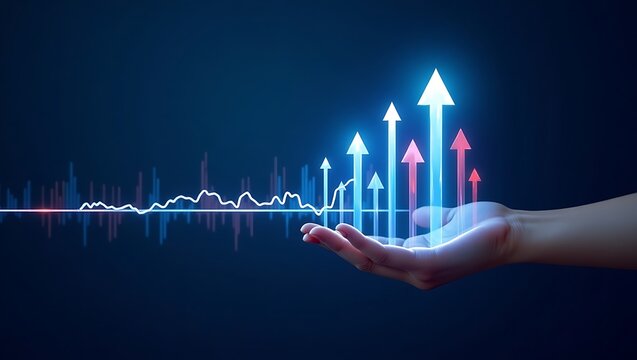 Businessman holding growth graph of business. Successful business, growth strategy and achieving goals with the rising arrow. Business strategy development and growing growth plan. Hand shows growth.