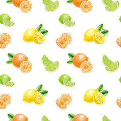 Citrus fresh fruits with leaves seamless pattern decor element. Vintage style watercolor illustration. Hand drawn lemons, limes, oranges citrus fruits with slices seamless pattern on white background.