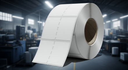 Large roll of blank white labels on a factory floor with machinery