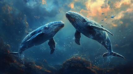 Fototapeta premium Romantic whale couple swimming underwater in golden sunlight, realistic and detailed view.