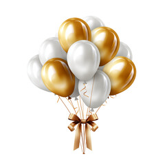 Celebration with gold and white balloons tied with a golden bow on a transparent backdrop  isolated on white or transparent png