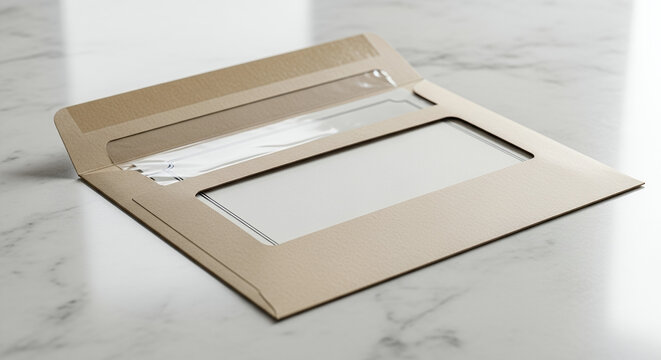 Open brown paper envelope with clear window on marble surface - Powered by Adobe