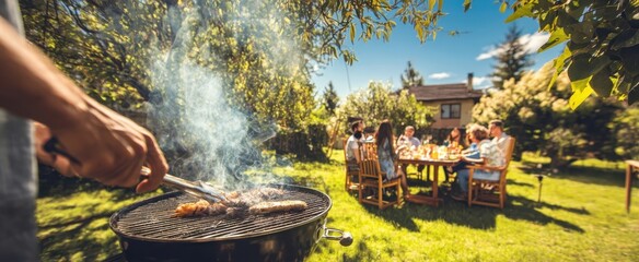 The barbeque grill sizzling amidst friends enjoying a sunny outdoor gathering.