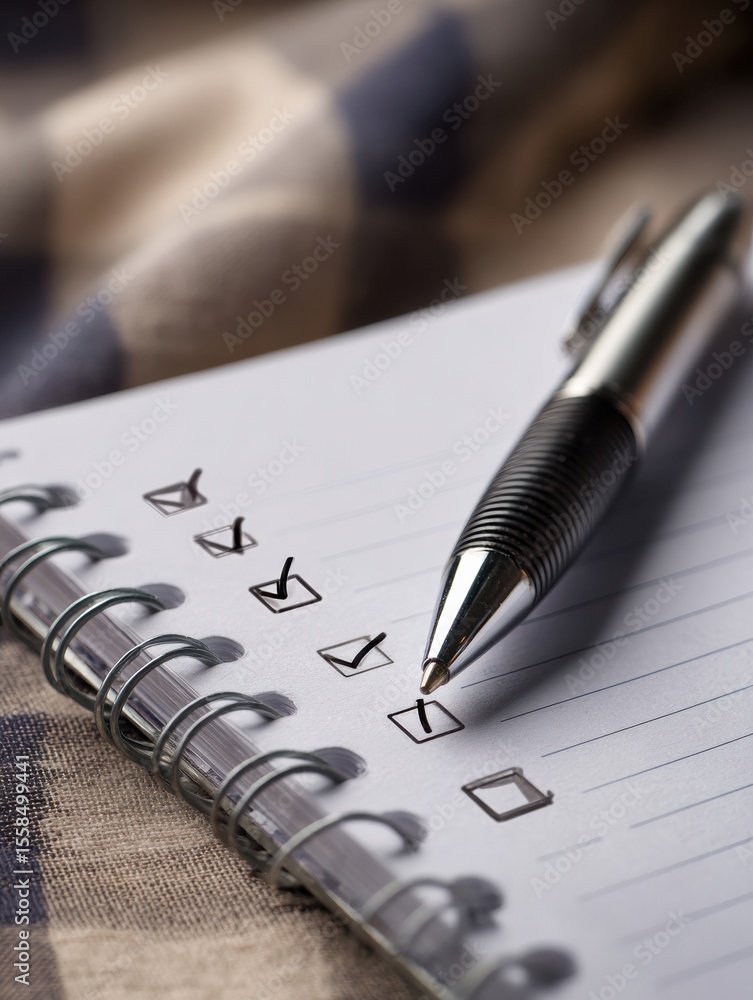 Poster essential financial checklist on notepad with pen in a blurred background for organized planning