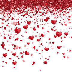 Numerous red and pink hearts cascade down an empty white backdrop, creating a vibrant and lively atmosphere