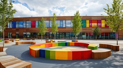 Fototapeta premium Colorful school courtyard with vibrant seating