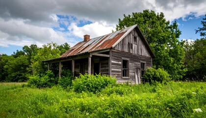 Obraz premium Abandoned farmhouse in overgrown field