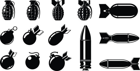 A collection of various black and white bombs grenades and a bullet on white background