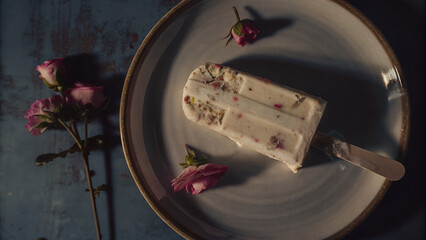 White Popsicle with Pink Sprinkles and Roses on a Dark Plate