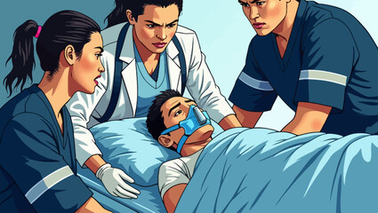 Vector illustration of medical emergency team helping patient with oxygen mask for hospital and health care concept.