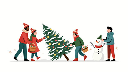 Vector illustration of people decorating Christmas tree and snowman for festive winter holiday celebration.