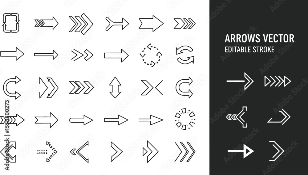 Poster a collection of various arrow designs and styles in a vector format illustration