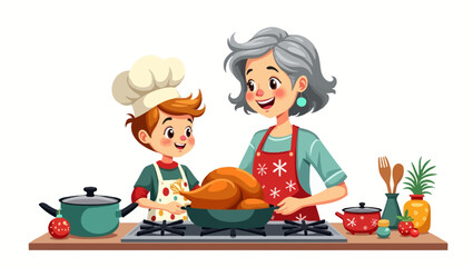 Vector illustration of grandma cooking with kid chef for family kitchen, holiday dinner and warm home moments.