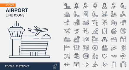 Airport Line Icons Modern vector illustration of air travel and aviation services.