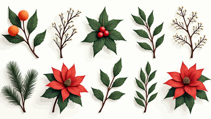 Vector illustration of Christmas leaves and flowers for festive holiday decoration and seasonal design projects.