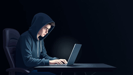 Vector illustration of young hacker in hoodie working on laptop, perfect for cybersecurity and dark web concepts.
