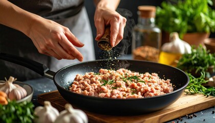 Woman Seasoning Ground Chicken In Pan
