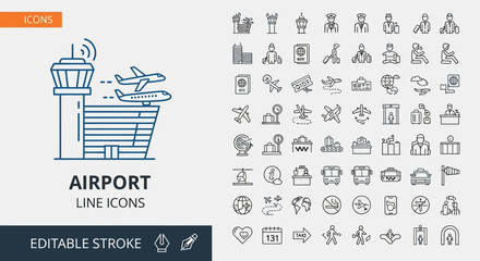 Airport Line Icons Set Thin Linear Style Collection for Travel and Aviation Designs Featuring Control Tower, Planes and More.