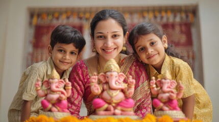 Fototapeta premium Indian Family Celebrating Ganesh Chaturthi Festival with Lord Ganesha Idols. Culture and Tradition.