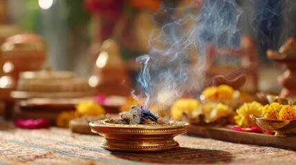 Incense Burning with Smoke, Aromatherapy and Meditation with Ritual Objects.