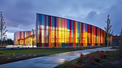 Colorful community center at twilight