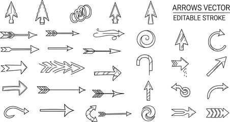 Collection of various arrow designs in black and white vector editable stroke style