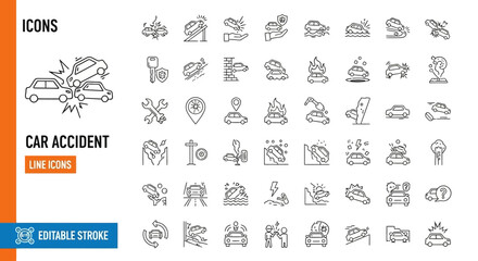 Car Accident Icons Set Line Art Collection for Safety, Insurance, and Road Emergency Concepts Depicting Vehicle Collisions and Recovery