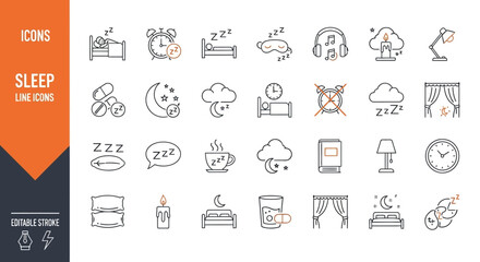 Sleep and Rest Icons Collection A comprehensive set of linear icons representing various sleep-related concepts for websites and apps.