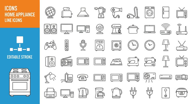 Home Appliance Icons Set Line Art Vector for Website, App and Infographic Design 