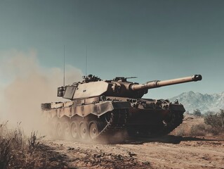 Fototapeta premium Military vehicle on dusty terrain. A powerful tank dominates the arid landscape under a clear sky.
