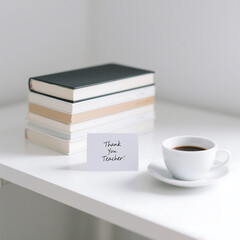 Minimalist Teacher Appreciation Workspace with Books, Coffee, and Thank You Note