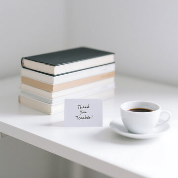 Minimalist Teacher Appreciation Workspace with Books, Coffee, and Thank You Note