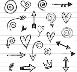 Set of hand drawn arrow icons and symbols in black sketch style with various directions and web elements