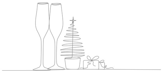 continuous line vector design illustration of glasses, miniature fir trees and gifts for christmas day
