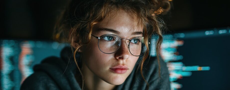 A focused young woman wea glasses intently studies code on a computer screen in a dimly lit room while problem solving the software program.