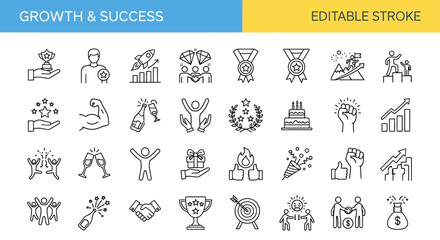 Line Icons Illustrating Business Growth and Achievement Editable Stroke Vectors for Success (71 Characters)