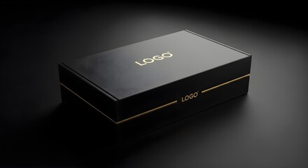 Elegant Black Box with Gold Logo on Dark Background, Minimalist Design