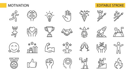 Collection of Thin Line Icons Representing Motivation, Success, and Personal Growth, ideal for business and lifestyle concepts
