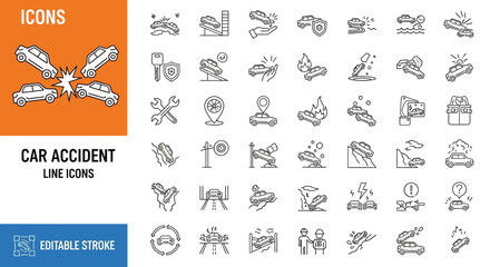 Car Accident and Road Safety Icons Set Outline Style  for Insurance and Emergency Concepts