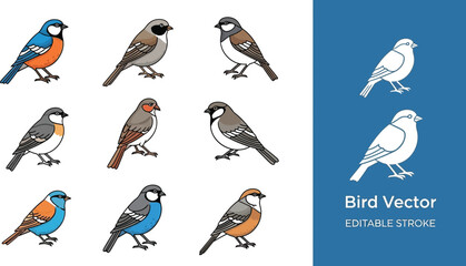 Naklejka premium A collection of nine colorful birds and two white bird icons on a blue background