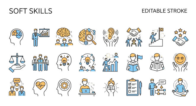 Vector illustration of soft skills concepts, presenting editable stroke icons for human resources, management, and team collaboration.