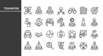 Teamwork and Collaboration A Collection of Linear Icons Depicting Success, Communication, and Strategic Planning