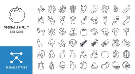Variety of Vegetable and Fruit Outlines Simple Line Art Icons Collection for Web and Print Designs