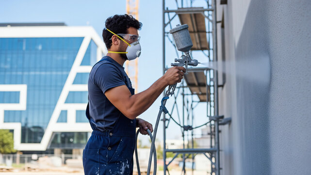 Peintre utilisant un pistolet &agrave; peinture sur un chantier