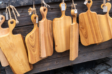 Handmade Wooden Cutting Boards for sale at a traditional Christmas market